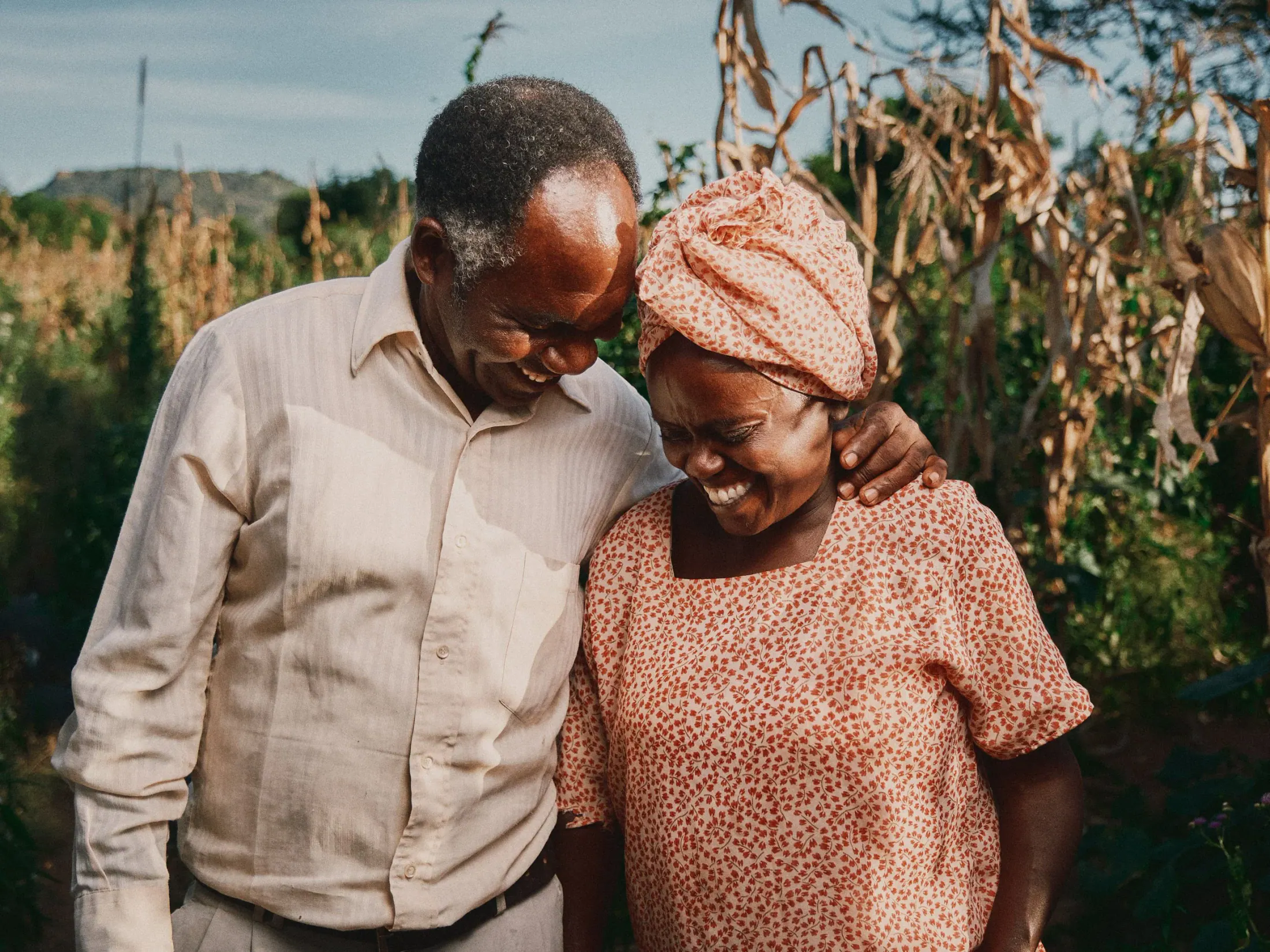 An older couple laugh together in their maize field