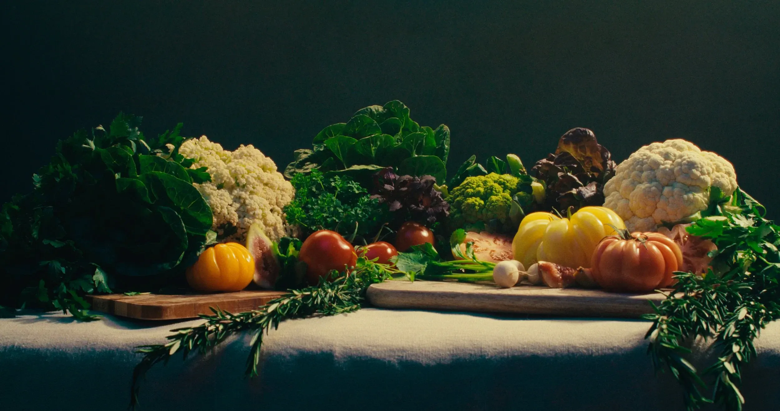 A spread of fresh vegetables and herbs on a table against a dark wall